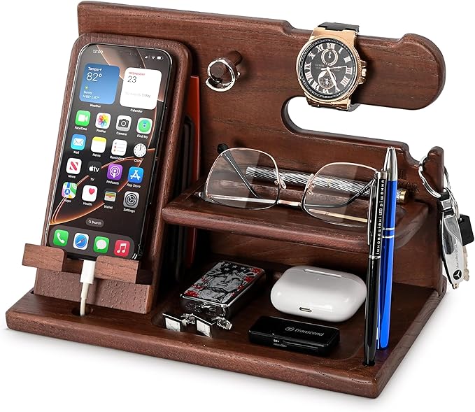 TESLYAR Wood Phone Docking Station for Men - Desk or Nightstand Organizer - Birthday Gifts for Husband or Dad - Anniversary Idea from Wife - Key Holder - Stand Wallet, Watch & Essentials (Chestnut)