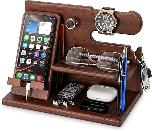 TESLYAR Wood Phone Docking Station for Men - Desk or Nightstand Organizer - Birthday Gifts for Husband or Dad - Anniversary Idea from Wife - Key Holder - Stand Wallet, Watch & Essentials (Chestnut)