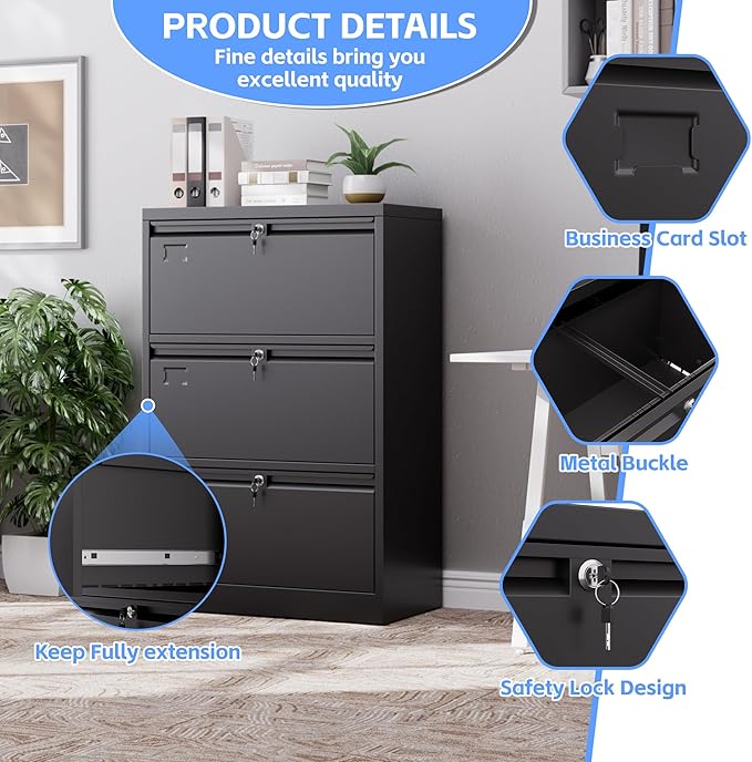 SUXXAN 3 Drawer File Cabinet, Lateral Filing Cabinet with 3 Locks for Home Office, Black File Cabinets with Business Card Holder for Letter/Legal/F4/A4 Hanging Files