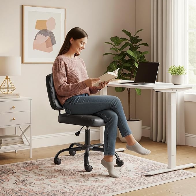 VINGLI Compact Small Desk Chair, Cute Armless Chair with Wheels, Vanity Chair with Low Back, Height Adjustable Task Chair for Small Spaces, Office, Bedroom, Make Up Room, PU Leather, Black