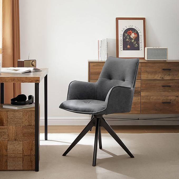 Art Leon Accent Chair Set of 2 - Mid Century Modern Desk Chair No Wheels, Faux Leather Upholstered Office Chair with Black Oak Wood Legs for Small Space Living Room Bedroom, Black