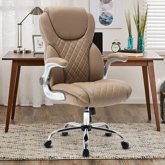 Leather Executive Office Chair, High Back Ergonomic Office Desk Chairs with Wheels, 90-120° Rocking Managerial Home Computer Chairs with Flip up Arms and Lumbar Support(Light Brown)