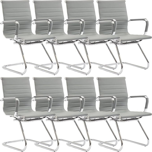 Wahson Office Guest Chairs Set of 8, Leather Reception Chairs, Mid Back Waiting Room Chair, Conference Chairs with Sled Base, Desk Chair No Wheels for Meeting/Lobby/Restroom, Grey