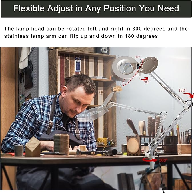 10X Magnifying Glass with Light and Stand, Lighted Magnifying Glasses for Close Work, Reading, Crafts, Jewelry, Sewing, Soldering, Desk Lamp with Adjustable Stainless Steel and Real Glass Magnifier