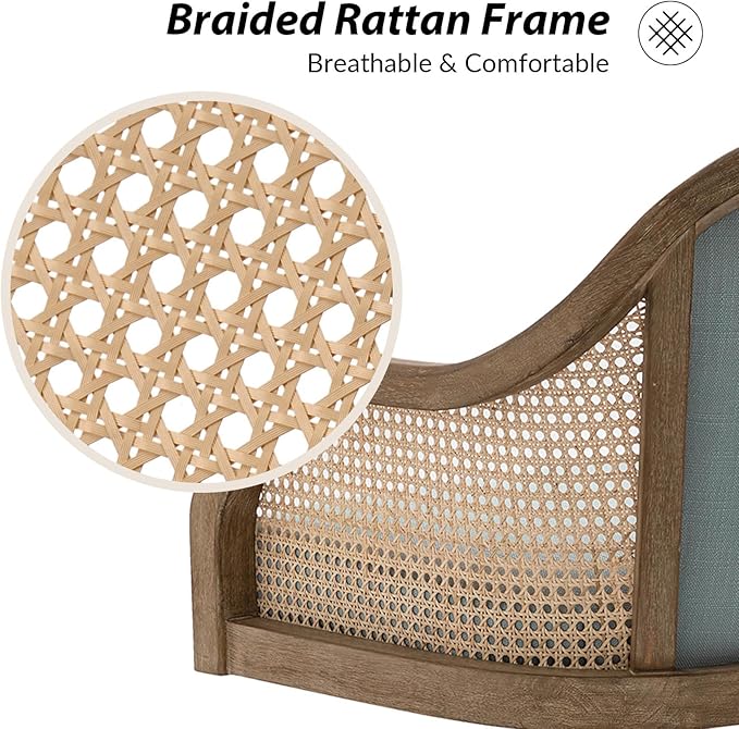 TINA'S HOME Rattan Desk Chair, Wood Upholstered Home Office Chair with Armrest, Adjustable Swivel Rolling Height Computer Task Chair for Living Room Bedroom Study Room, Blue