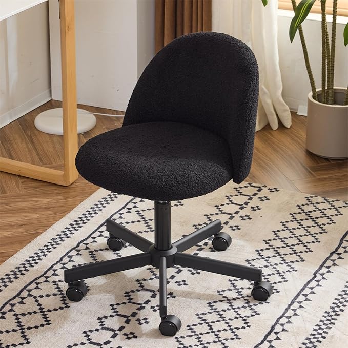 VINGLI Cute Candy Chair Armless Comfy Small Office Desk Vanity Chair with Wheels & Lumbar Support,Teddy Adjustable Rolling Swivel Computer Task Ch for Home Office,Bedroom,Black