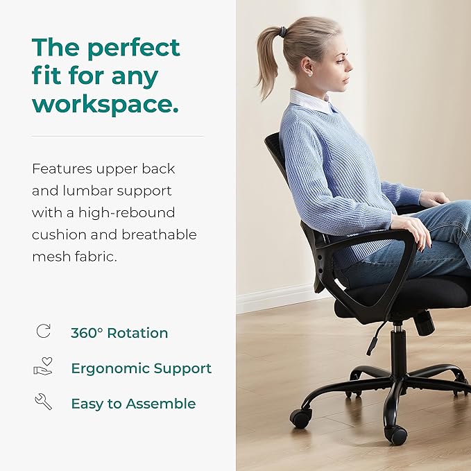 SMUG Office Computer Desk Chair, Ergonomic Mid-Back Mesh Rolling Work Swivel Task Chairs with Wheels, Comfortable Lumbar Support, Comfy Arms for Home, Bedroom, Study, Dorm, Student, Adults