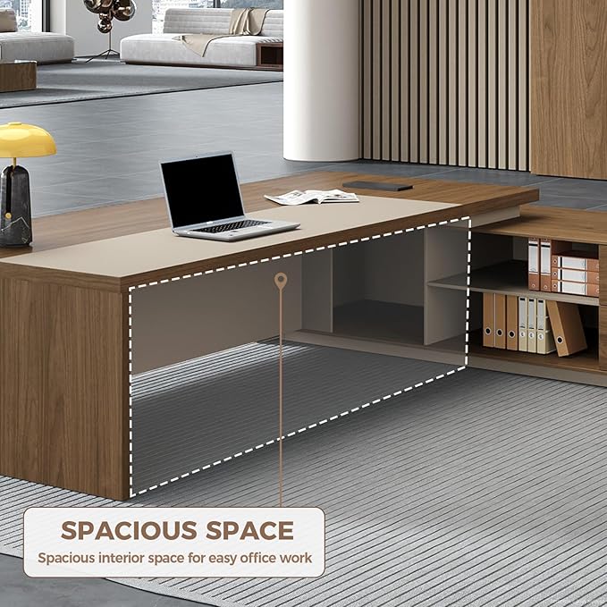 Premium Executive Desk, Modern L Shape Office Executive Desk with Drawers, Lockable Storage & Cable Management (Champagne Wood Grain+Beige/Right,79" L*63" W*30" H)