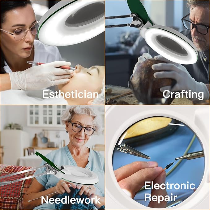 10X Magnifying Glass with Light and Stand,LED Dimmable Lighted Desk Lamp with Clamp,Magnifier Hands Free-Adjustable Stainless Steel Bracket,for Crafts Hobbies Reading Painting Sewing Close Work