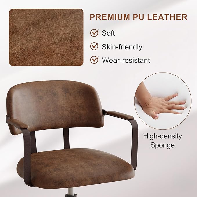 BFZ Mid Century Retro Home Office Desk Chair with Back, Faux Leather Adjustable Height Rolling Swivel Computer Task Armrests Chair for Home Office, Brown