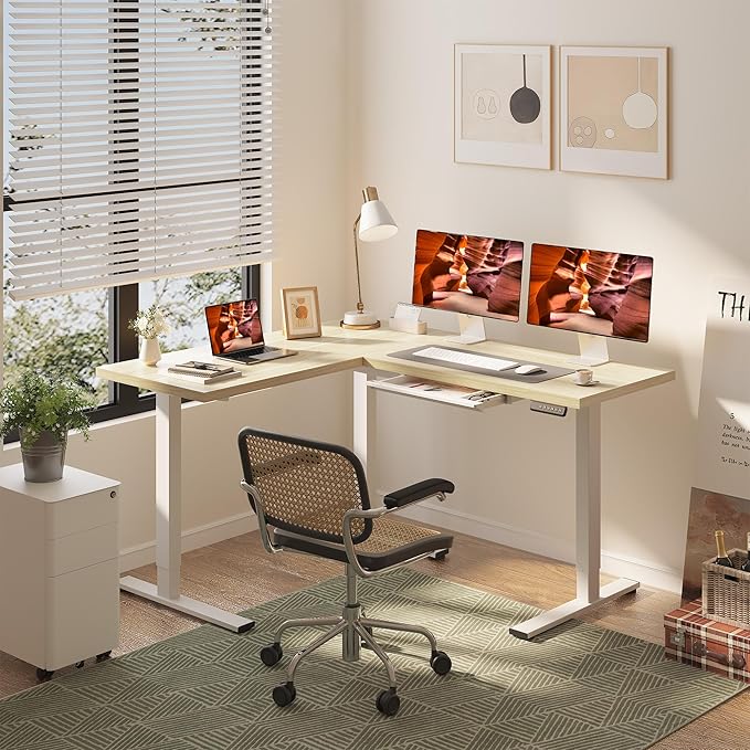 L-Shaped Standing Desk, 63 x 55 Inches Height Adjustable Desk with Storage, Sit and Stand up for Work Office Home, Ergonomic Rising Computer Table for Home Office with Splice Board, Maple