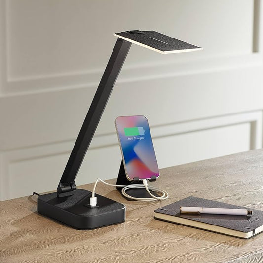 Possini Euro Design Rayven 22" High Single Modern Metal Desk Lamp Adjustable Height LED USB Port Black Finish Family Office Living Room Charging Bedroom Bedside Nightstand House Reading
