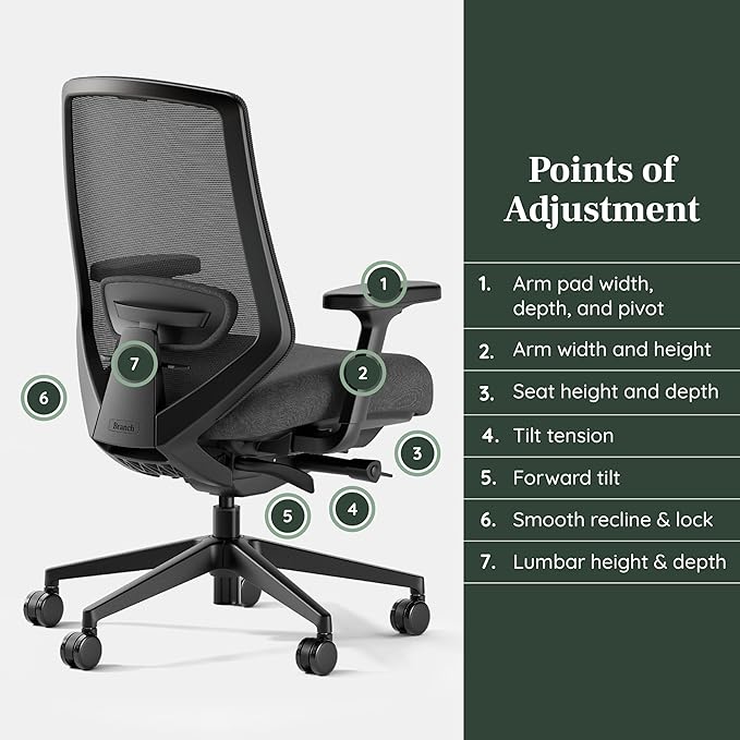 Branch Ergonomic Chair Pro - Mesh Office Chair with 14 Points of Adjustment - Height, Depth & Tilt Adjustable - 5D Armrests - Forward Tilt, Smooth Recline, and Lumbar Support - Black