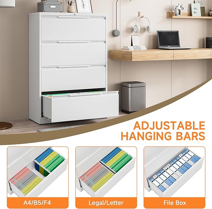Coolsun Metal Lateral File Cabinet, 4 Drawer File Cabinet with Lock, Wide Filing Cabinet for Home Office, Locking Storage Cabinet for Hanging A4/F4/Letter/Legal, Assembly Required (White, 4 Drawer)