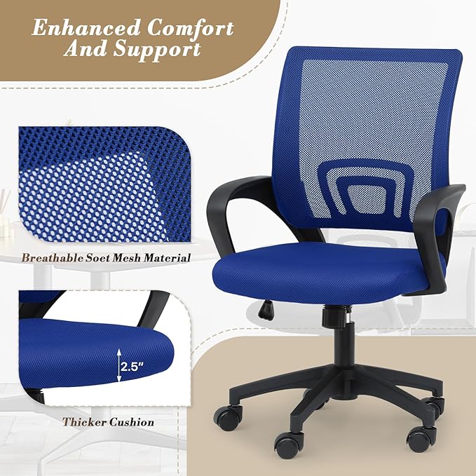 Athena Collection Computer Office Chair, Ergonomic Desk Chair with Rolling Wheels, Mesh Back Support and Height Adjustable, Small and Comfy for Home Office, Study, Blue
