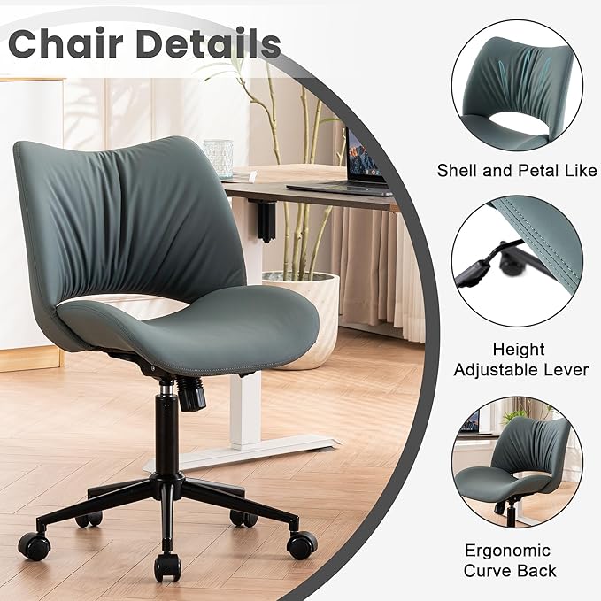 Rowill Armless Office Desk Chair, Ergonomic PU Leather Modern Task Chair with Back Adjustable Height, 360° Swivel Vanity Chairs with Wheels for Small Space, Home Office, Bedroom, Grayish Green