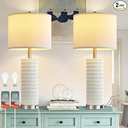 White Table Lamps Set of 2, 28" Ceramic Lamps for Living Room with USB C+A Ports, Touch Lamps for Nightstand, 2 Bulbs Included