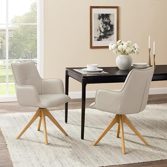 Art Leon Mid Century Modern Swivel Accent Chair - Home Office Desk Chair No Wheels, Genuine Leather Upholstered Armchair with Oak Wood Legs for Small Space Living Room Bedroom, Off White