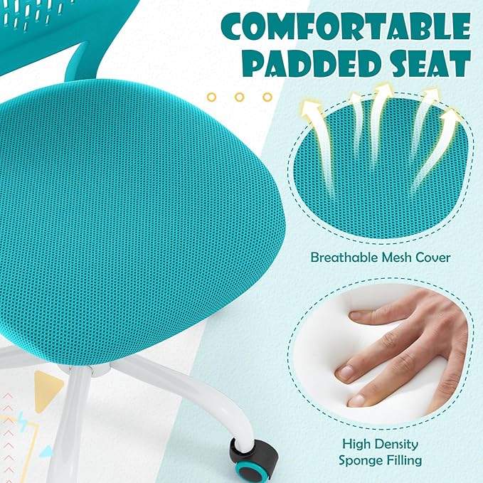 POWERSTONE Small Home Office Desk Chair, Swivel Rolling Study Computer Chair, Adjustable Height Task Chair with Armless Mid Back, Upholstered Mesh Seat,Turquoise