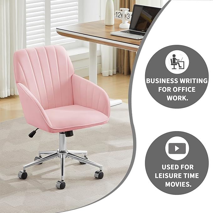 YISHENG Velvet Office Desk Chair with Silver Base, with Wheels,Modern Height Adjustable 360 Degree Swivel Upholstered Vanity Chairs with Arms for Living Room Bedroom,Pink