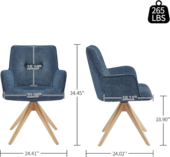 Art Leon Swivel Armchair - Mid Century Modern Office Chair No Wheels, Fabric Upholstered Accent Chair with Oak Wood Legs for Small Space Living Room Bedroom, Blue