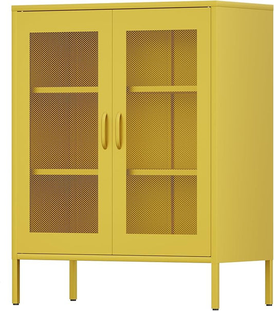 Yellow Metal Storage Cabinet with Mesh Doors, Office Metal Locker Cabinet, Metal Display Cabinet with 2 Adjustable Shelves for Home, Office, Kitchen