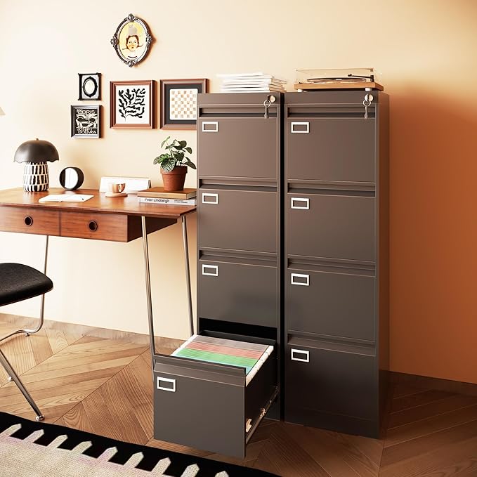 4 Drawer Metal File Cabinet with Lock, Black Lockable Filing Cabinets, Vertical Small File Cabinet with Key, Under Desk Filing Cabinets for Home Office
