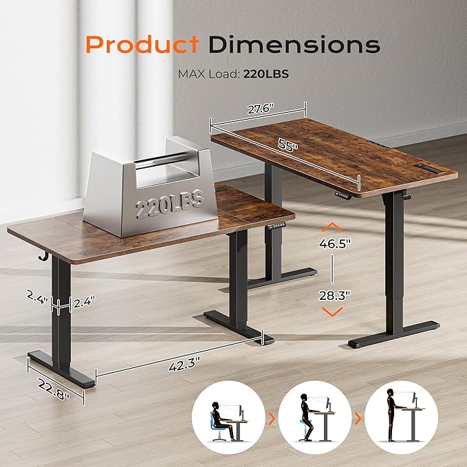 Huuger 55 x 28 Large Electric Standing Desk with 4 AC Outlets, Type-C Port, Height Adjustable Computer Desk, 27.6" Deep Desktop, Stand up Gaming Office Desk, 3 Preset Heights, Rustic Brown