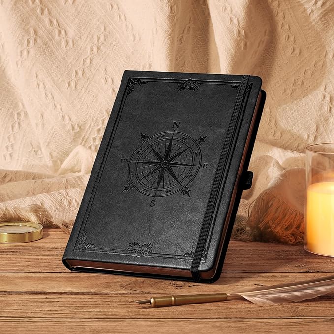 AHGXG Thick Journal Dotted Notebook for Men - 320 Numbered Pages A5 Notebook for Writing, 100gsm Dot Paper, Vintage Leather Hardcover, for Women Work Office School, 5.75'' X 8.38''- Black