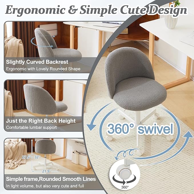 VINGLI Candy Chair Armless Cute Desk Chair,Comfy Small Office Chair with Wheels,Vanity Chair with Lumbar Support,Teddy Adjustable Rolling Swivel Computer Task Chair for Home Office,Bedroom,Muted Grey