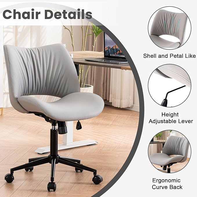 Rowill Armless Office Desk Chair, Ergonomic PU Leather Modern Task Chair with Back Adjustable Height, 360° Swivel Vanity Chairs with Wheels for Small Space, Home Office, Bedroom, Grey