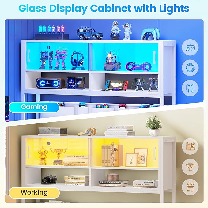 SEDETA L Shaped Gaming Desk, Home Office Computer Desk with 2 Drawer and Bookshelf, L Shaped Gaming Corner Desk with LED Light, Glass Cabinet,Storage Bag and Storage Shelves, White