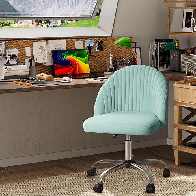 Furniwell Office Chair Armless Cute Desk Chair Modern Adjustable Swivel Padded Fabric Vanity Task Computer Chair Home Office Desk Chairs with Wheels (Bright Green)