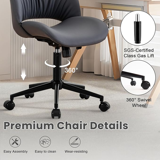 Rowill Armless Office Desk Chair, Ergonomic PU Leather Modern Task Chair with Back Adjustable Height, 360° Swivel Vanity Chairs with Wheels for Small Space, Home Office, Bedroom, Blueberry Purple