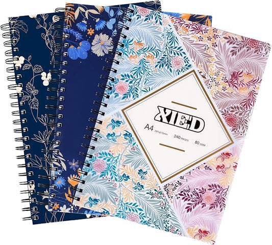 Spiral Notebook，A4 Lined Notebook, 3 Pack，8"x11-1/2", 120 Sheets & 240 Pages, Water Resistant Cover Notebook Set Perfect for School & Office