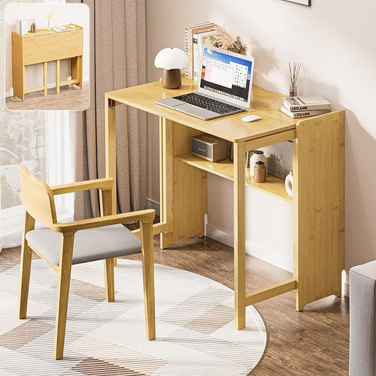 32.7" Bamboo Folding Desk, Space-Saving Foldable Computer Desk for Small Spaces, Portable Home Office Writing Desk for Bedroom, Study, or Apartment, Easy Assembly,Natural