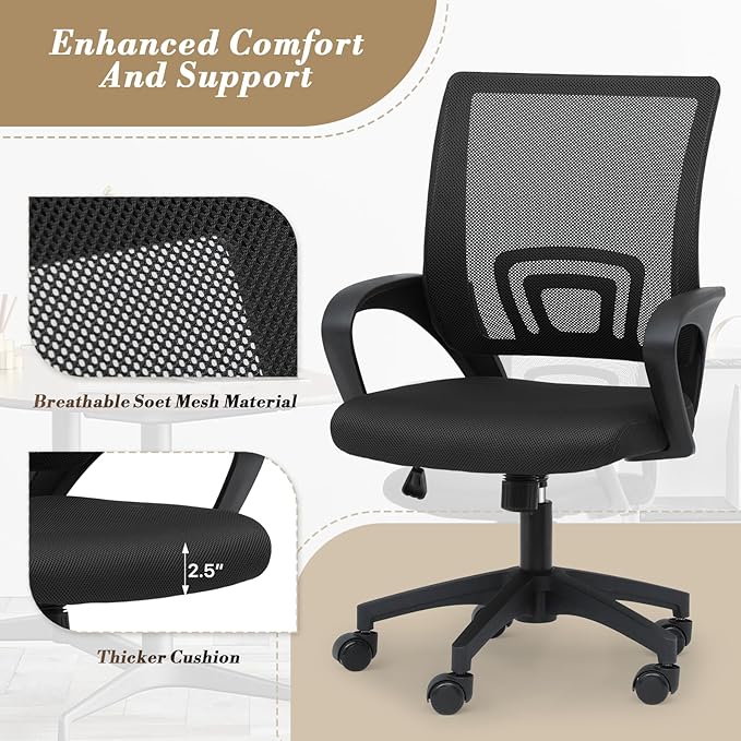 Athena Collection Computer Office Chair Set of 2, Ergonomic Desk Chair with Rolling Wheels, Mesh Back Support and Height Adjustable, Small and Comfy for Home Office, Study, Black