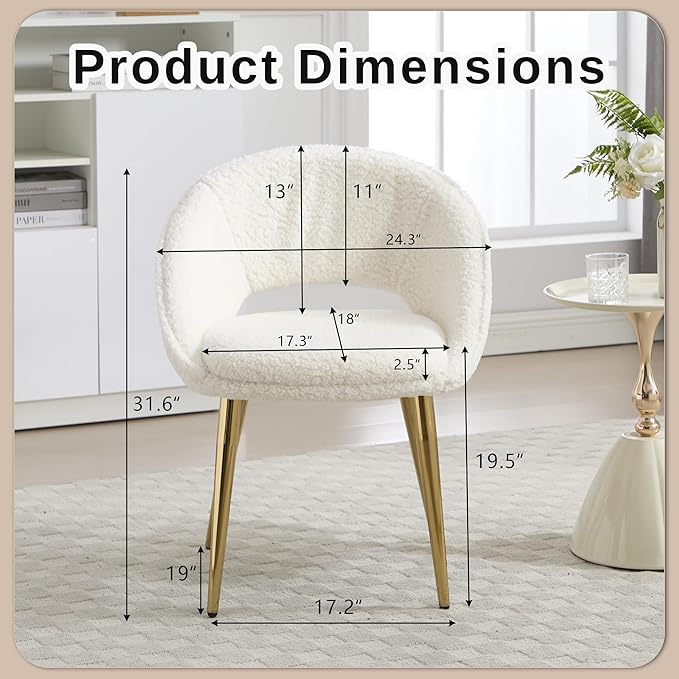 KCC Fluffy Desk Chair Set of 2, Faux Fur Accent Chair, Comfy Modern Leisure Armchair No Wheel, Upholstered Elegant Fuzzy Chair with Metal Legs for Teens Women Girls, Home Vanity Makeup Office Chair