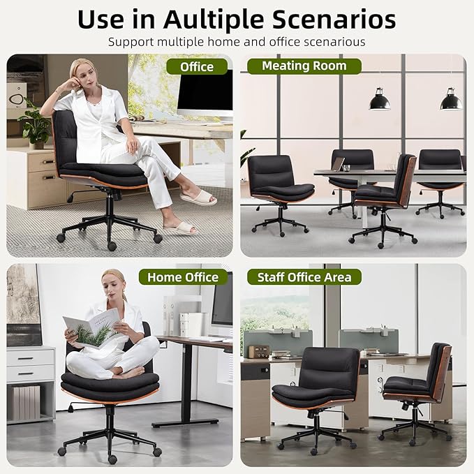 Office Chair, Criss Cross Legged Office Desk Chairs with Wheels, PU Leather Adjustable Wide Swivel Walnut Task Chair with Linen Fabric, Ergonomic Mid Back Computer Chair for Meeting Room, Home