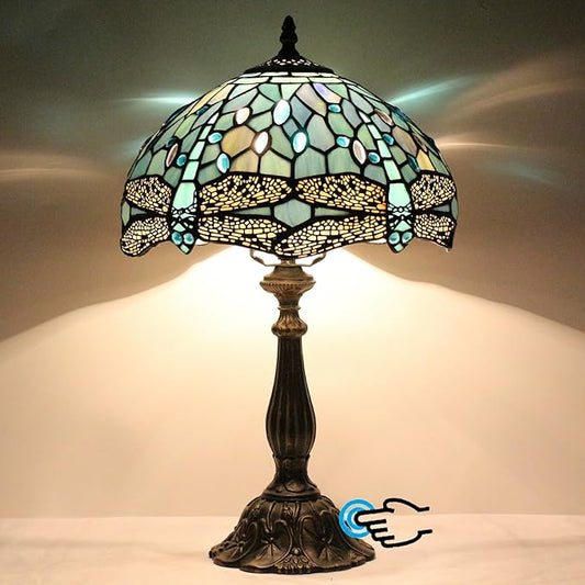 Tiffany Lamp Touch Control Table Lamp Sea Blue Stained Glass Desk Lamp 12X12X19 Inches Dragonfly Style Reading Light