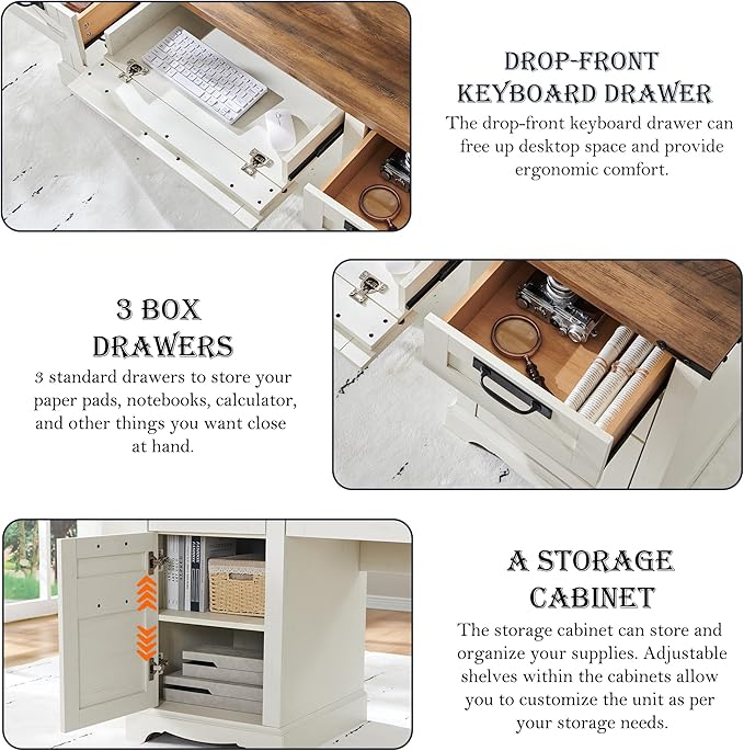 RedLemon 60" Farmhouse Desk with Hutch, Wood Home Office Executive Desk with Drawer, Charging Station, Keyboard Tray, File Drawer, Storage Cabinet, Rustic Writing Computer Desk (Antique White)