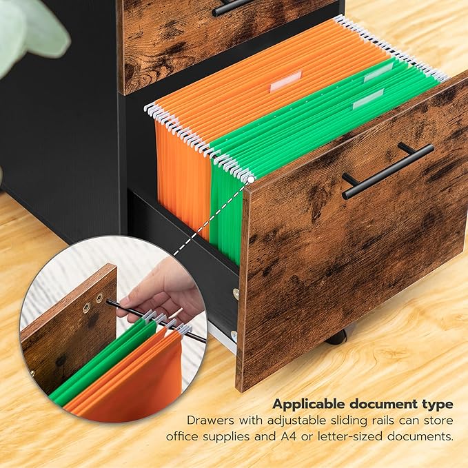 HOOBRO 3-Drawer File Cabinet, Wooden Under Desk Filing Cabinet, fits A4/Letter Size for Home Office, Small Rolling Storage Drawer Chest, Printer Stand with Drawers, Rustic Brown and Black BF02WJ01G1