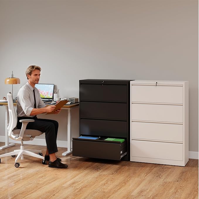 4 Drawer File Cabinet with Lock, Lateral Filing Cabinets,Metal Storage Filing Cabinets for Home Office, Heavy Duty File Cabinet for Letter/Legal/A4/F4 Size Amssebly Required, White