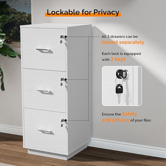 VINGLI 3 Drawer File Cabinet with Lock, Home Office Filing Organizer, for Letter Size File Folder Storage, Wood Tall Vertical Filing Cabinet, Printer Stand, Archivador (White)