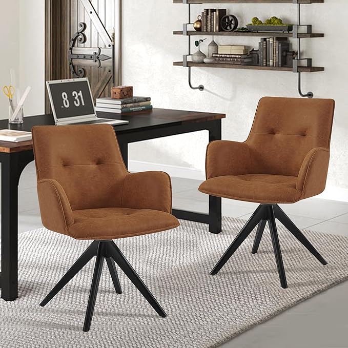Art Leon Mid Century Desk Chair - Faux Leather Upholstered Office Chair No Wheels, Swivel Accent Chair with Black Oak Wood Legs for Small Space Living Room Bedroom, Set of 2, Brown