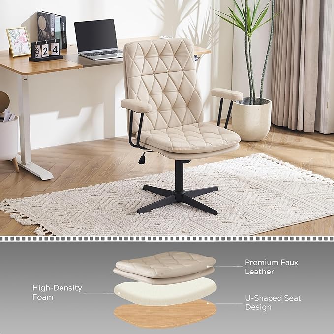 Desk Chair No Wheels with Arms Crossleg Stationary Ergonomic Soft Cushion Home Office Swivel Working Computer Chair Cream White