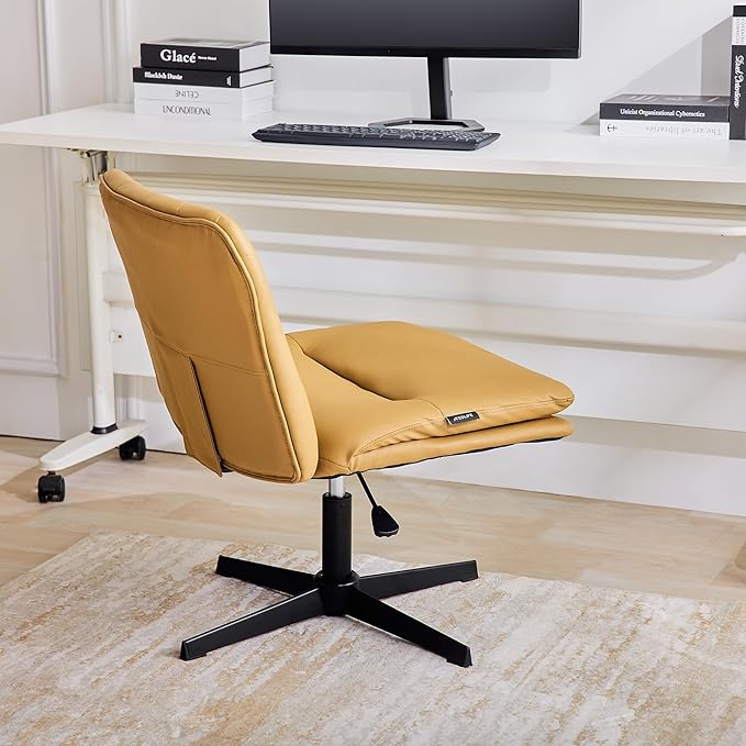Redlife Leather Swivel Desk Chair Cross Legged Office Chair Wide Accent Chairs Height Adjustable Criss Cross Chairs, Wrapped Double Cushion, for Living Room Bedroom Reading Room (Brown)