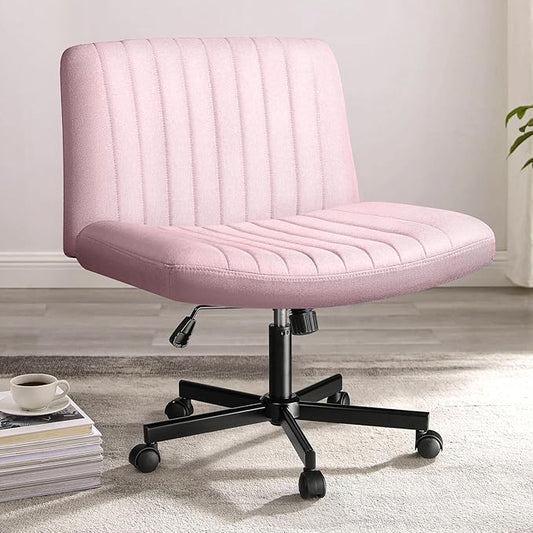 PUKAMI Criss Cross Chair with Wheels,Fabric Padded Armless Cross Legged Office Desk Chair for Home Office,Modern Swivel Height Adjustable Wide Seat Computer Task Vanity Chair(Pink)