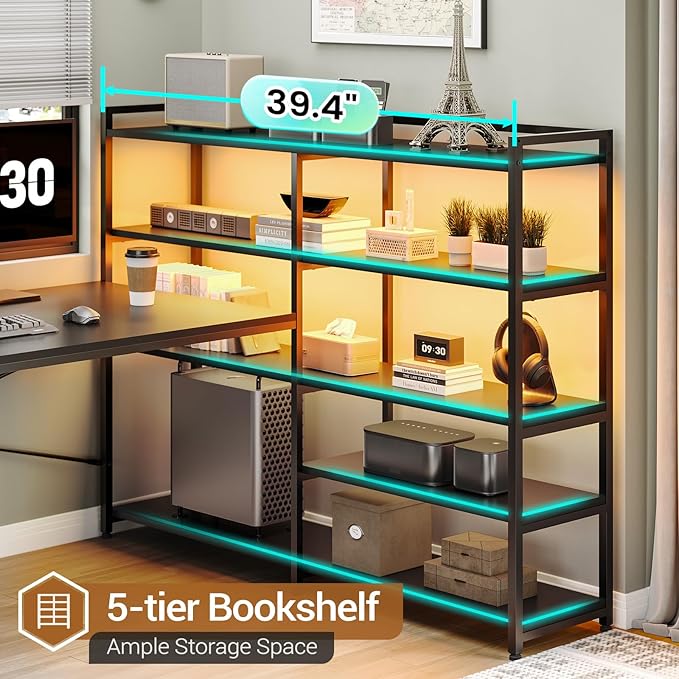 SEDETA L Shaped Gaming Desk, Reversible U Shaped Computer Desk with Power Outlet and Storage Shelves, Corner Gaming Desk with LED Lights, 3 Fabric Drawers, Black