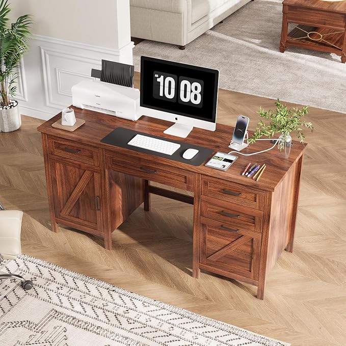 VOWNER Executive Desk with File Drawer, Farmhouse Office Desk with Charging Station, Computer Desk Workstation for Home Office, Walnut